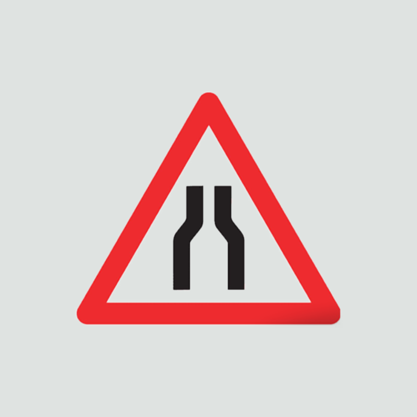 Warning that road narrows centrally ahead